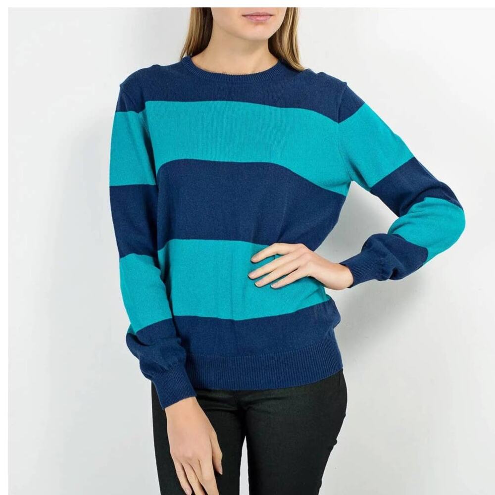 J CREW Rugby Stripe Crewneck Pullover Sweater Aqua Teal Green Indigo Blue sz S